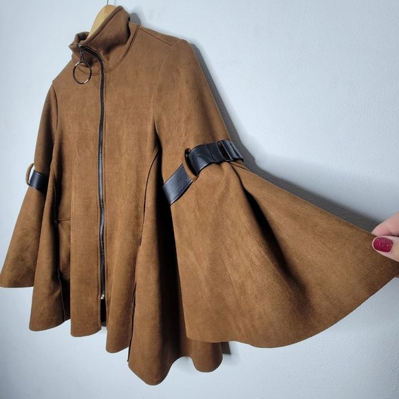 Joseph Ribkoff Size 8 Brown Vegan Suede Swing Jacket Bell Sleeves Full Zip‎ - Picture 3 of 5